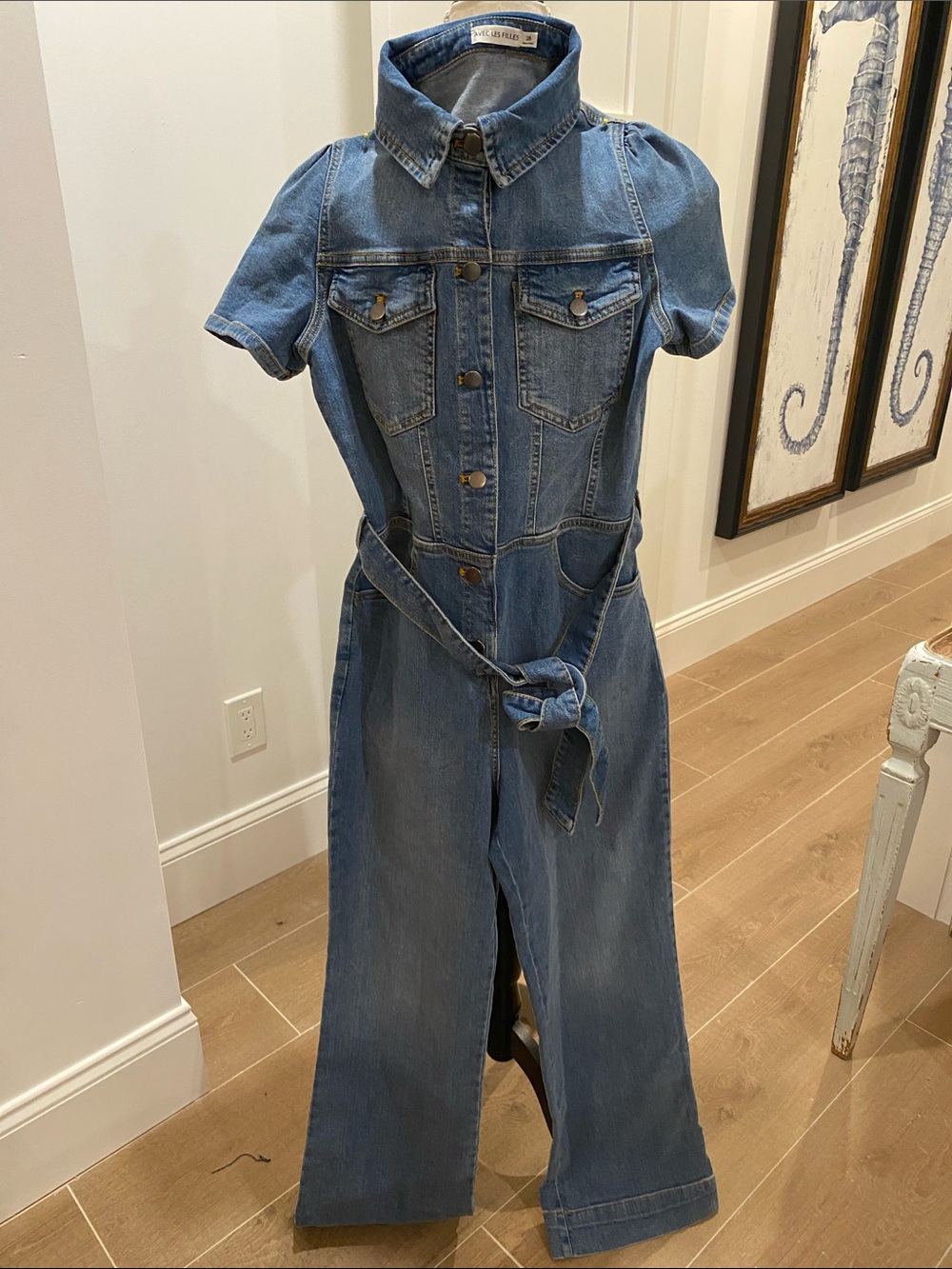 Avec Les Filles Blue Denim Short-Sleeve Jumpsuit Overalls with Tie Belt